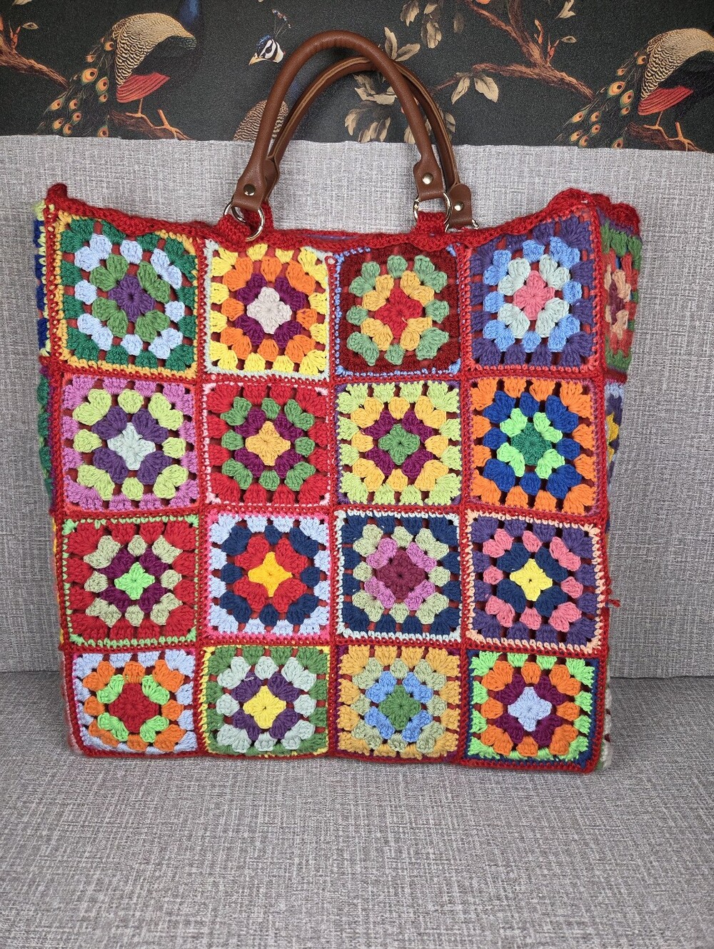 Granny Square Crochet X Large Tote Bag Bag Multi Color Purse Faux Leather